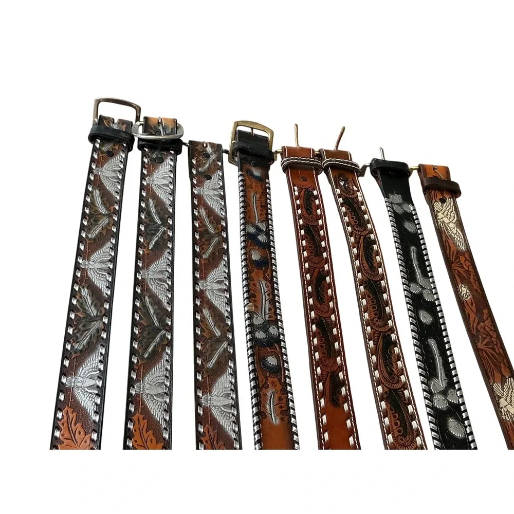 Lot of 8‎ Vintage Western Tooled Leather Belts Eagle Floral Laced Edge Brown Tan